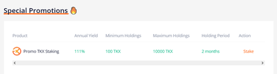 TKX staking promotion. 111% annual yield