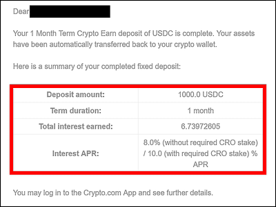 Crypto.com Earn term deposit complete