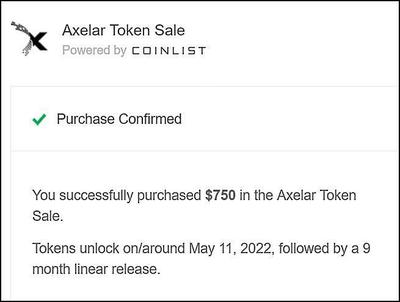 Axelar ICO purchase completed successfully