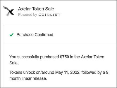 Axelar ICO purchase completed successfully