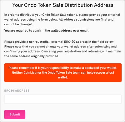 Enter external, non-custodial wallet address